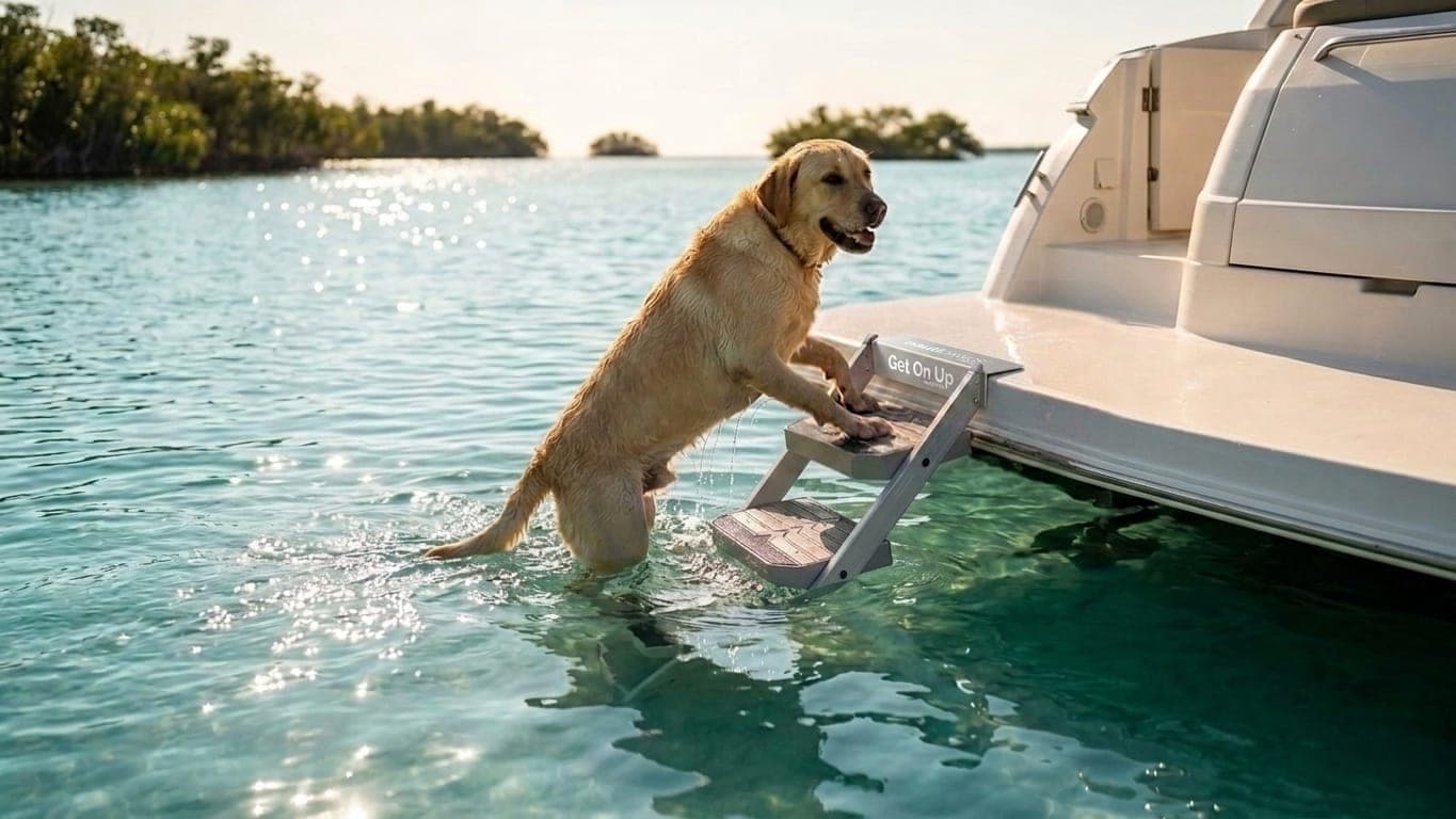 A yellow Lab climbing the nautiDAWGS ladder onto a boat swim platform in crystal-clear water